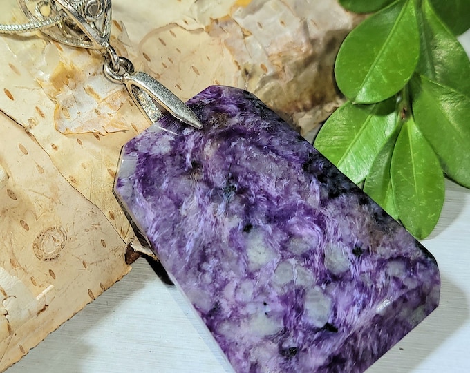 Natural AA Charoite Freeform Cabochon .925 Sterling Silver Pendant  2 5/8" x 1 1/4" X21 Sterling Silver Designer Bail