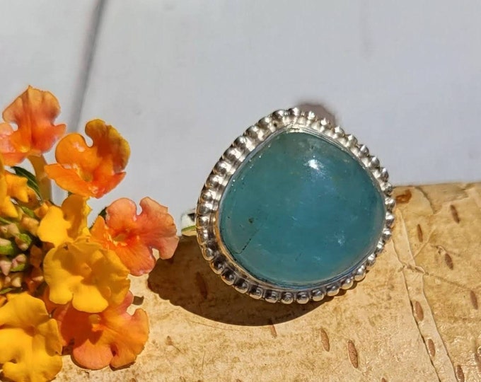Natural Aquamarine Sterling Silver Ring, Aquamarine Boho Ring, Statement Ring; Handmade Ring, Premium Quality Aquamarine Ring Size 6.5