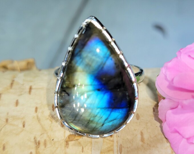 Natural Top Grade Multi Flash Pear Labradorite Handmade .925 Sterling Silver Ring Size 8.5 Multi Color Flash Great Gift for Her