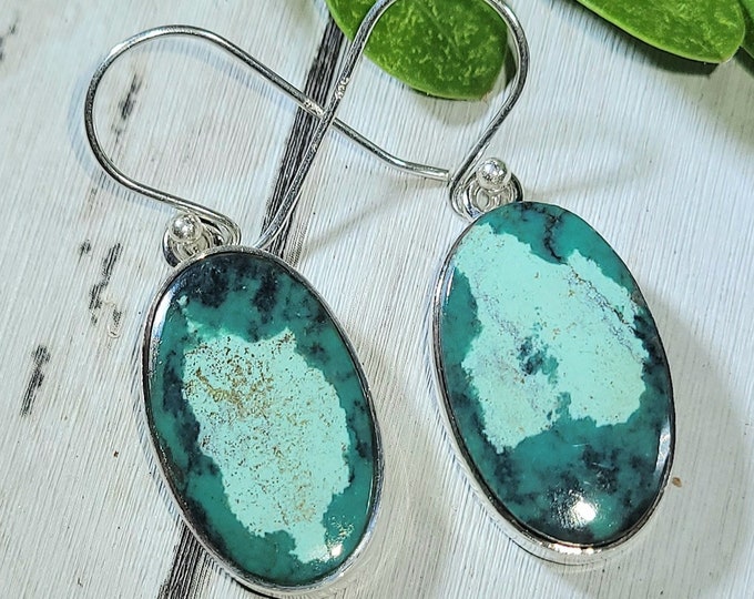 Natural High Grade Tibet Turquoise .925 Sterling Silver Earrings 7 Grams 1 1/2" x 1/2" ET15