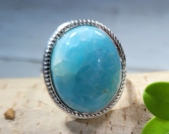Natural Best Grade Hemimorphite Oval Handmade .925 Sterling Silver Ring Size 8.5 Vibrant Blue Best Grade Hemimorphite Gift for Her