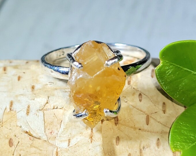 Natural Golden Orange Raw Rough Cut Citrine Handmade .925 Sterling Silver Ring Size 9 4 Grams 5/8" x 3/8" CB20