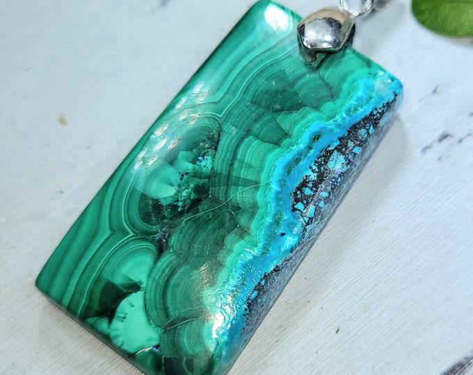 Malachite Chrysocolla Pendant, Malachite Chrysocolla Cabochon Sterling Silver Pendant, Gift for Her, Handmade Pendant, Statement Pendant, DN