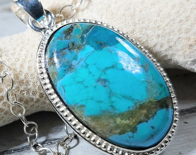 Turquoise Pendant, Sterling Silver Turquoise Pendant, Oval Kingman Arizona Turquoise Boho Pendant, Statement Pendant GH09