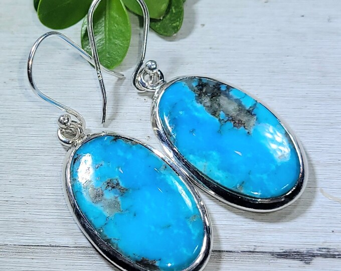 Natural Premium Grade Arizona Kingman Turquoise Handmade .925 Sterling Silver Earrings 8 Grams 1 5/8" x 5/8" CE28