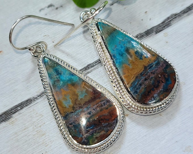 Blue Opal Earrings, Petrified Wood Earrings, .925 Sterling Silver Blue Opalized Petrified Earrings, Sterling Silver Blue Opal Earrings, FG02