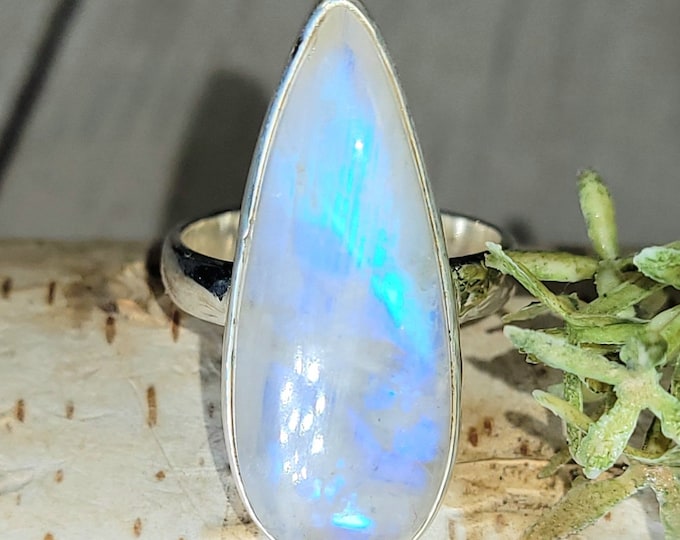 Rainbow Moonstone Ring, Moonstone Ring, Moonstone Sterling Silver Ring Size 7, Statement Ring, Handmade Ring, Boho Ring, Gift for Her, HA