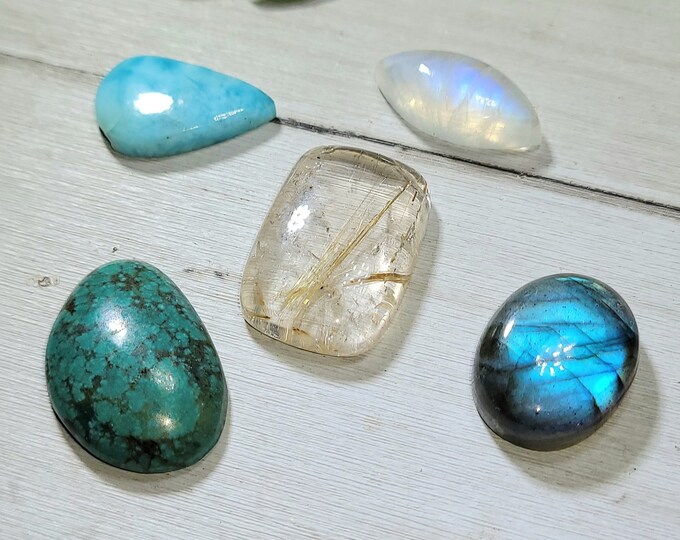 Natural Labradorite, Rutilated Quartz, Moonstone, Larimar & Tibet Turquoise 70ct Cabochons Mixed Lot 5 Stone Wire Wrap, Weaving ML03