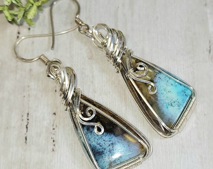 Blue Opalized Earrings, Petrified Wood Earrings, Blue Opalized Sterling Silver Wire Wrapped Earrings , Handmade Earrings, HC25, Gift for Her
