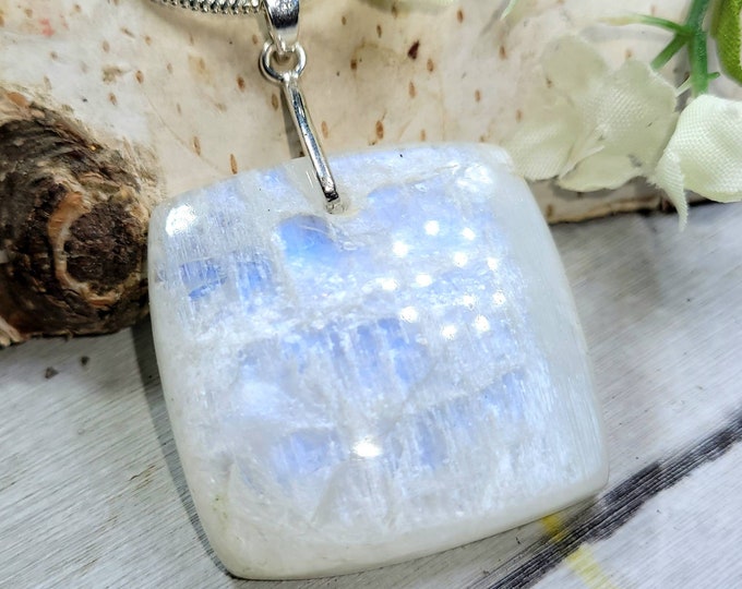 Natural High Grade Blue Flash Moonstone Cabochon .925 Sterling Silver Pendant 1 7/8" x 1 3/8" DA27 Solid Sterling Silver Heavy Duty Bail 16g