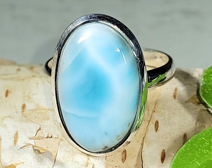 Natural High Grade Dominican Larimar .925 Sterling Silver Ring Size 7.5 5 Grams Face Measures 13/16" x 9/16" EY16