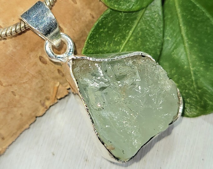 Natural Genuine Large Raw Aquamarine Rough Cut Handcrafted  .925 Sterling Silver Pendant 3/4" X 1/2" 5.7 Grams FW05