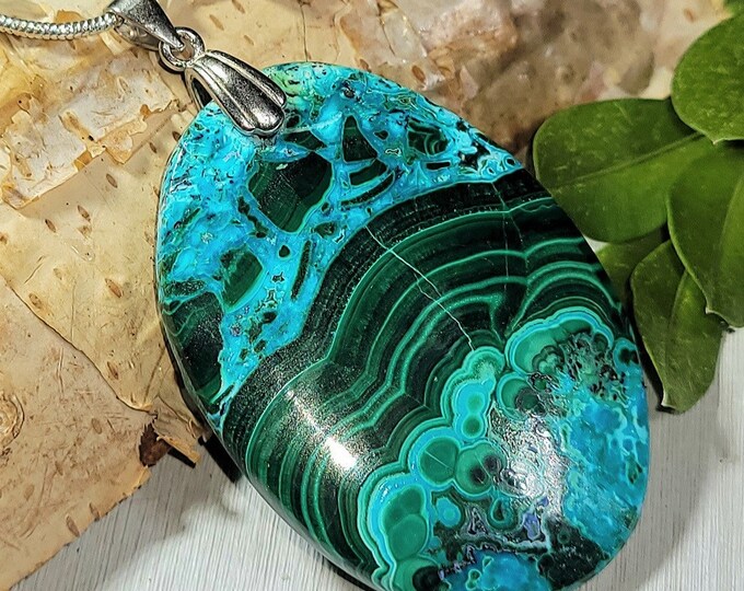 Natural AAA Grade Chrysocolla Malachite Cabochon 65Ct .925 Sterling Silver Pendant 2 1/8" x 1 1/8" 14 Grams AC35 Sterling Silver Bail