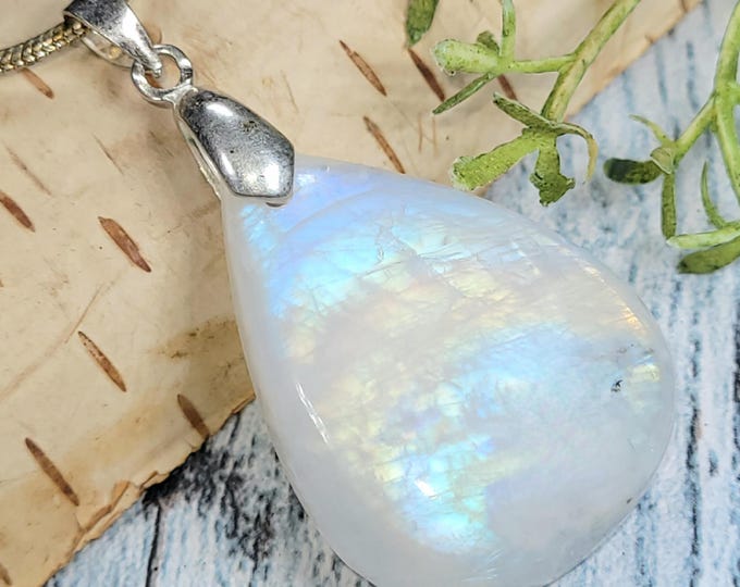 Rainbow Moonstone Pear Pendant: Sterling Silver Handmade Jewelry