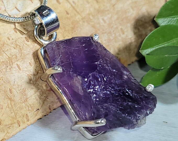 Natural Raw Amethyst Rough Cut Handmade .925 Sterling Silver Pendant Measures 1 1/2" X 3/4" 8 grams AL25 Gift for Her