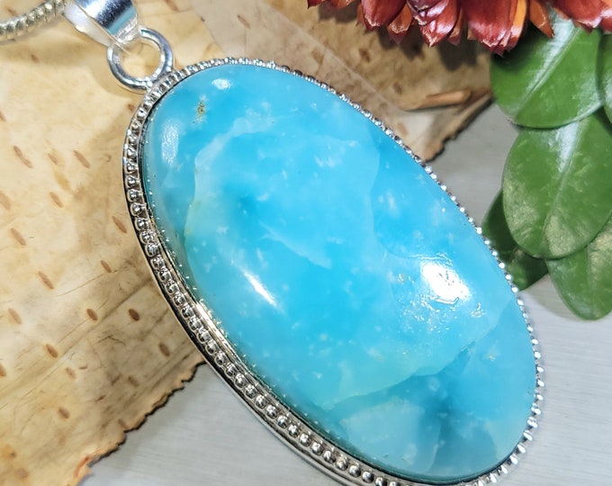 Natural High Grade Hemimorphite Oval Handmade .925 Sterling Silver Pendant 15 grams CT35  Gift for Her Solid Sterling Silver