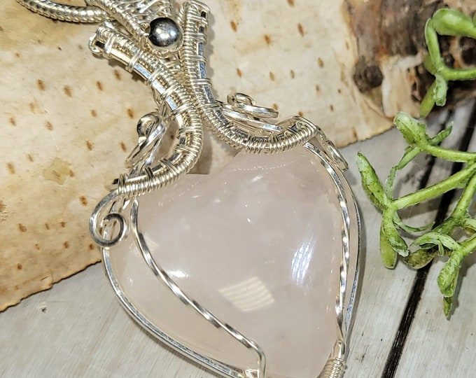 Rose Quartz Pendant, Rose Quartz Heart Wire Wrapped Sterling Silver Pendant, Handmade Rose Quartz Heart Pendant, Statement Pendant, HD12