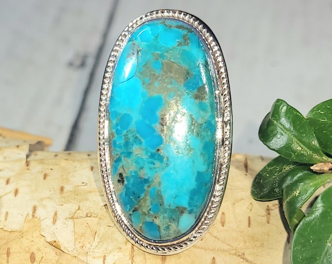Natural Premium Grade Arizona Kingman Turquoise .925 Sterling Silver Ring Size 7 Weighs 11 Grams Face Measures 1 3/8" x 3/4" CF22