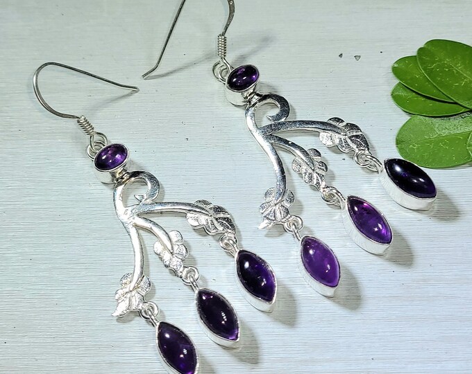 Natural High Quality Marquise Shape Amethyst  .925 Sterling Silver Earrings 11 Grams 2 3/8" x 1" M32