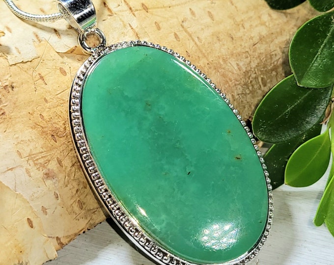 Natural Genuine Premium Grade Australian Chrysoprase Oval Handmade .925 Sterling Silver Pendant Gift for Her Mother's Day Gift