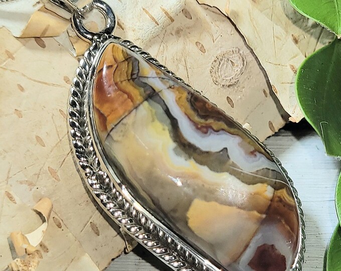 Natural Premium Grade Crazy Lace Agate .925 Sterling Silver Pendant 1 7/8" x 3/4" 10 Grams EV16