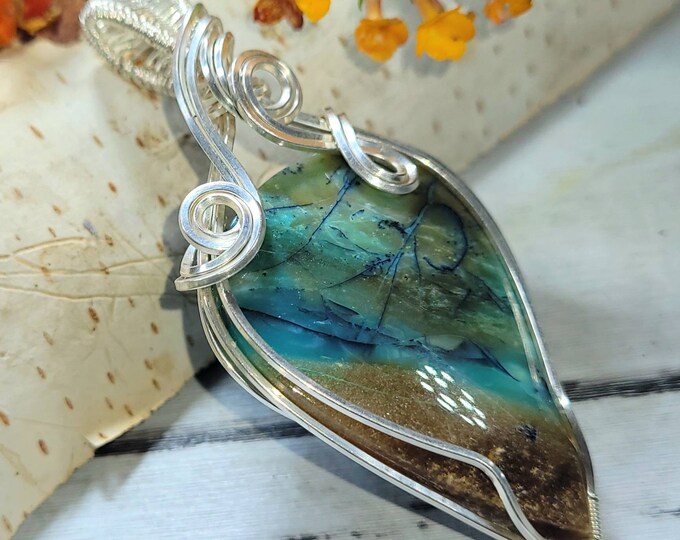 Natural Blue Petrified Opalized  Wood Stone .925 Sterling Silver Pendant Handmade Pendant DB02 Designer Style