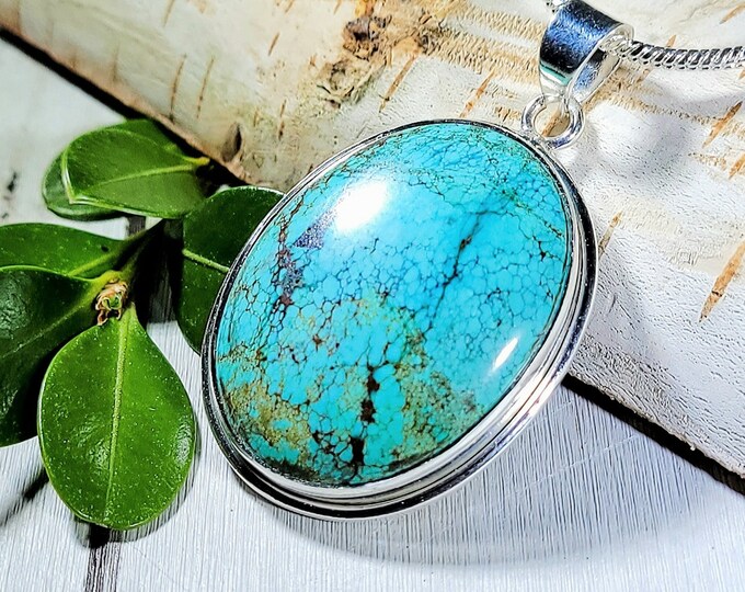 Natural Top Grade Tibet Turquoise .925 Sterling Silver Pendant 9 grams 1 3/4" x1" EF03
