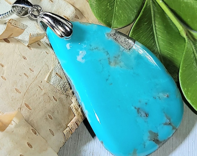 Natural High Grade Arizona Kingman Turquoise Freeform Cabochon .925 Sterling Silver Pendant 1 7/8" x 7/8" ES34 Rhodium Plated Bail