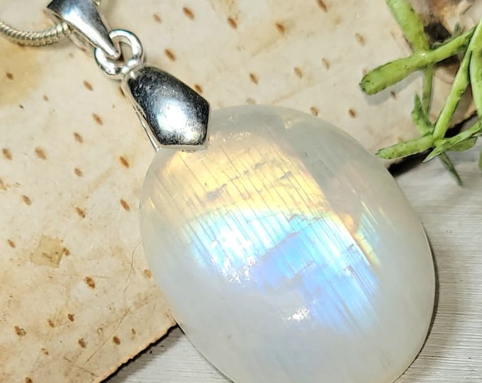 Moonstone Pendant, Rainbow Moonstone Oval Cabochon Sterling Silver Pendant, Multi Color Flash, Gift for Her, Handmade Pendant, GE44