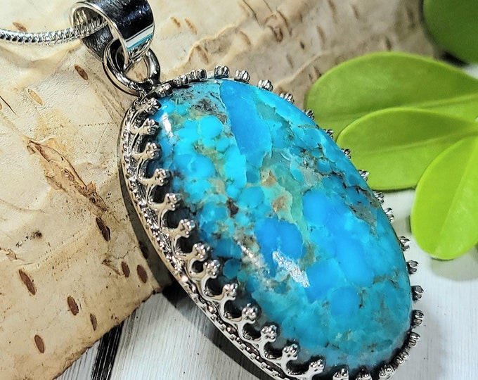 Natural High Grade Arizona Kingman Turquoise .925 Sterling Silver Crown Setting Pendant 1 7/8" x 3/4" 9 grams AH04