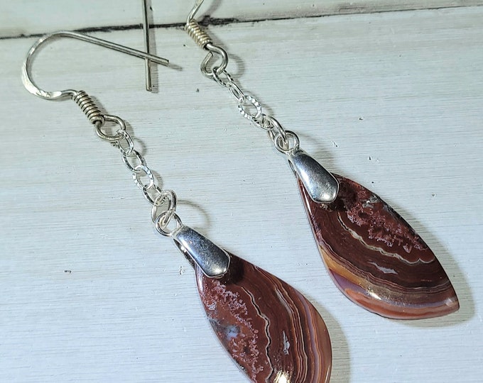 Natural Crazy Lace Agate .925 Sterling Silver Dangle Earrings 2 3/4" x 1/2" ES38 Dangle Sterling Silver Diamond Cut Chain