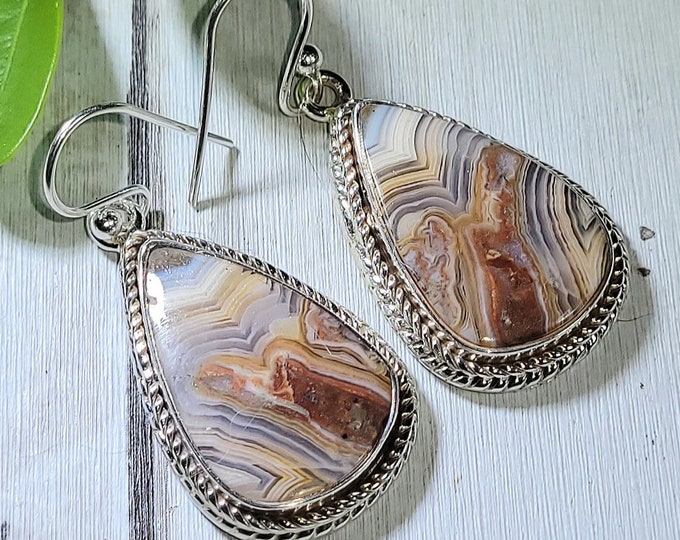 Natural Best Grade Colorful Crazy Lace Agate Handmade .925 Sterling Silver Earrings 10 Grams 1 5/8" x 3/4" AQ10