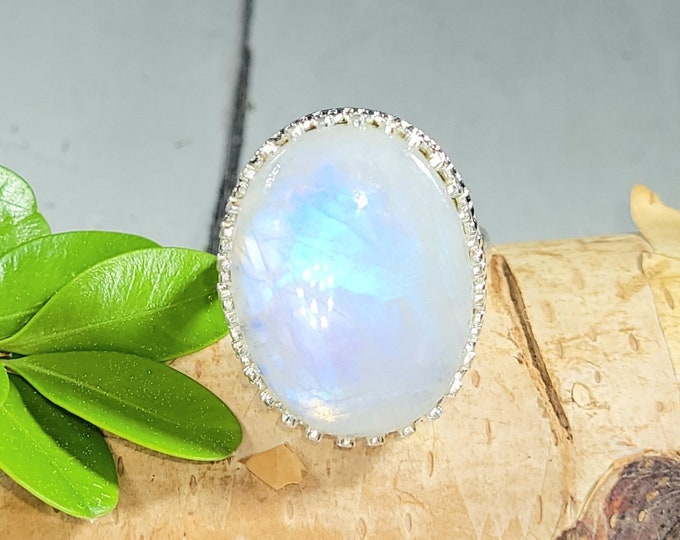 Moonstone Ring, Handmade Moonstone Sterling Silver Ring Size 9, Handmade Ring, Boho Ring, Statement Ring, Gift for Her FB, "Crown Prong"