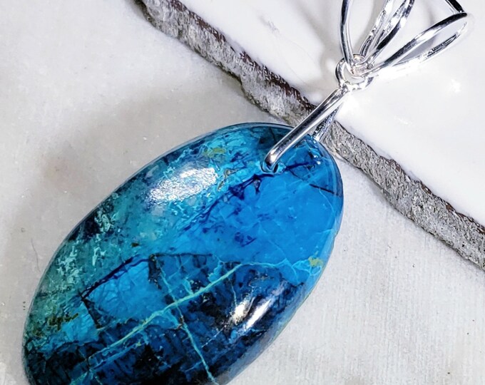 Natural AAA African Chrysocolla Oval Cabochon .925 Sterling Silver Pendant EB01 2 3/8" x 15/16" Heavy Duty Designer Sterling Silver Bail