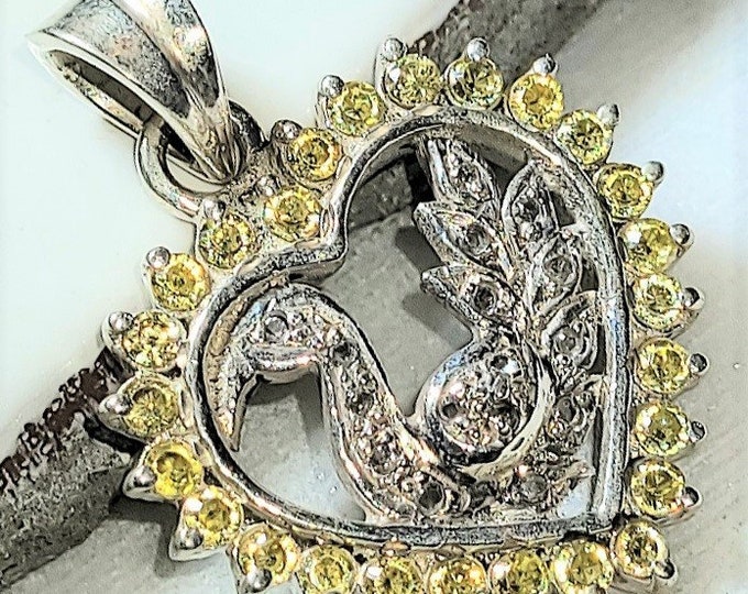 Natural Yellow, Clear Zircon Heart  .925 Sterling Silver Pendant measures 1 1/4" x 1" 6 Grams EE03