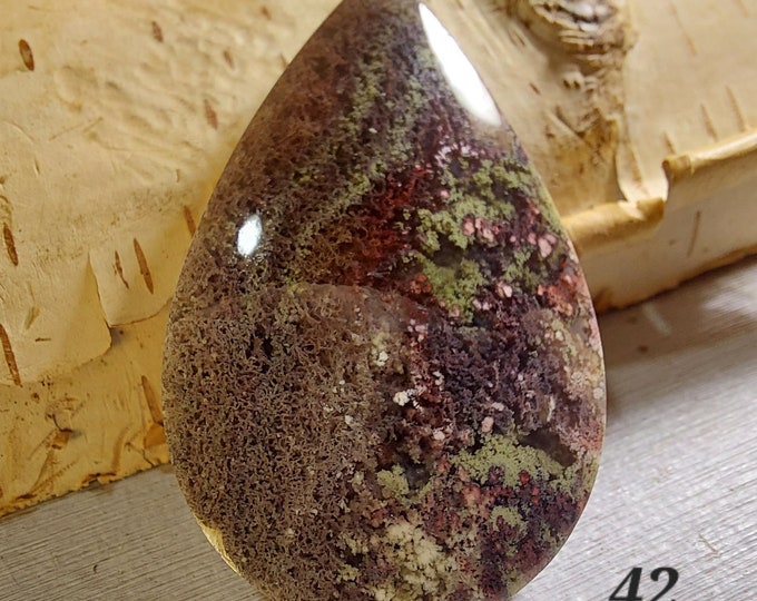 Scenic Moss Agate Cabochon: Pear Shape, 55 Carats (42mm x 26mm)