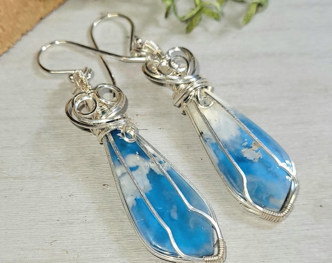 White Plume Agate Earrings, White Plume Doublet Agate Wire Wrapped, Sterling Silver Wire Wrapped Earrings, Blue and White Agate Earrings HM