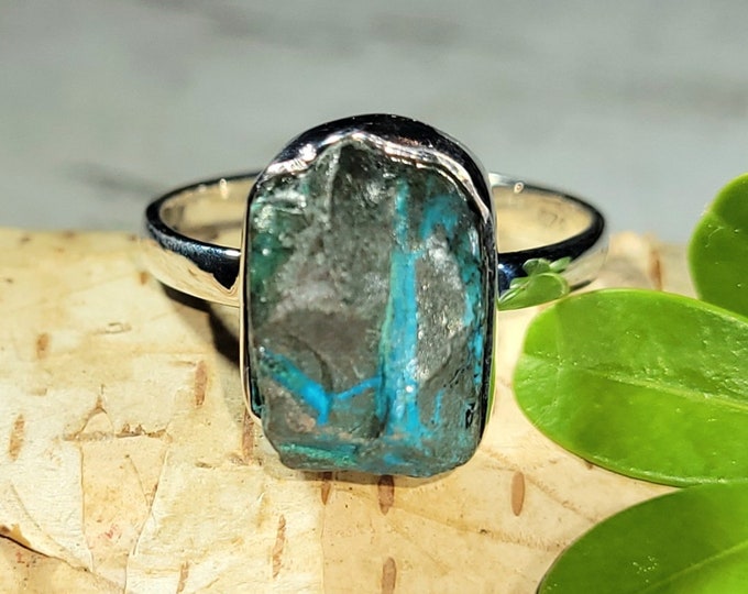 Natural Raw Rough Cut Chrysocolla Handmade .925 Sterling Silver Ring Size 9.5 4 Grams 9/16" x 7/16" CD14