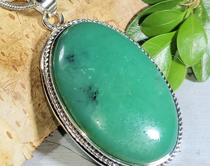 Natural Top Grade Australian Chrysoprase Oval Handmade .925 Sterling Silver Pendant 1 7/8" x 1" 13 grams CF11