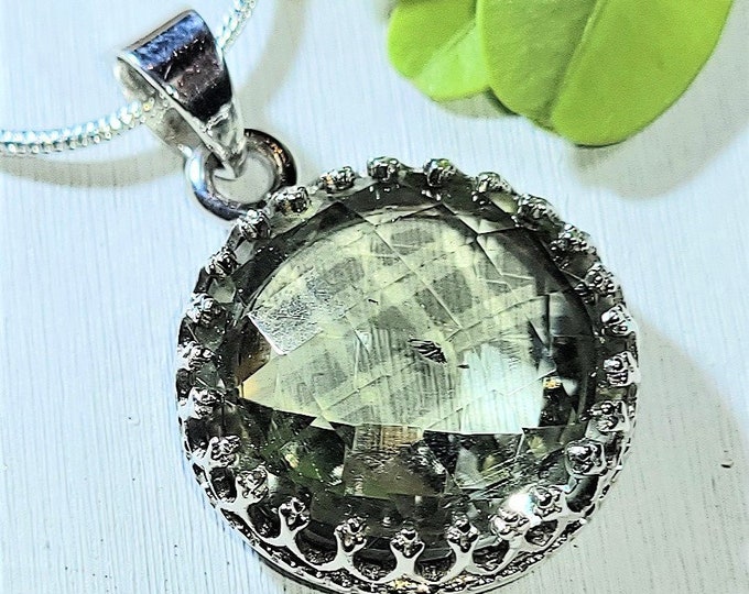 Natural High Grade Rose Cut Green Amethyst  .925 Sterling Silver Crown Prong Setting Pendant 5 grams 1 1/4" x 13/16" AJ04 Eye Clean