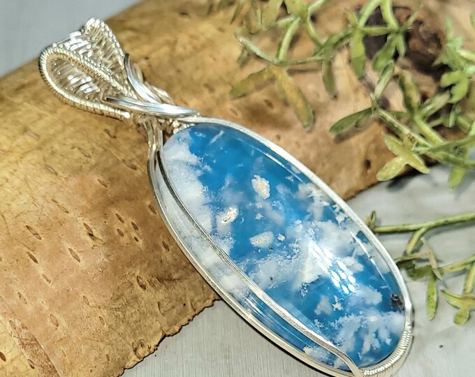 White Plume Doublet Agate Sterling Silver Pendant, Solid Sterling Wire Wrapped Pendant, White Plume agate pendant,Agate wrapped pendant HN06