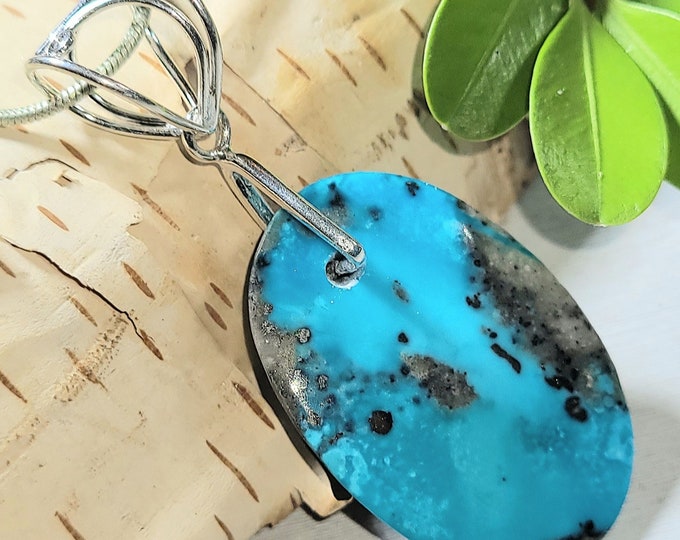 Natural High Quality Persian Turquoise w/Pyrite Cabochon .925 Sterling Silver Pendant Designer Style Bail 2 1/8" x 1" EK41