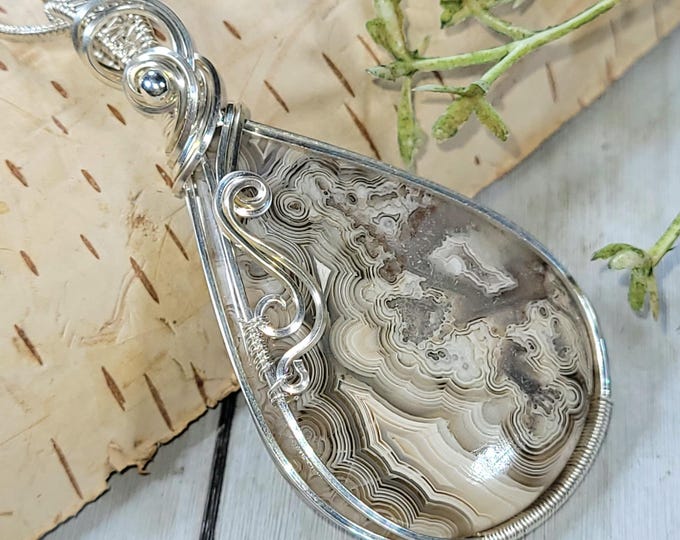 Natural Crazy Lace Agate Pear Wire Wrapped .925 Silver Pendant, Sterling Silver Wire Wrapped Pendants, Handmade Stone Jewelry HX04