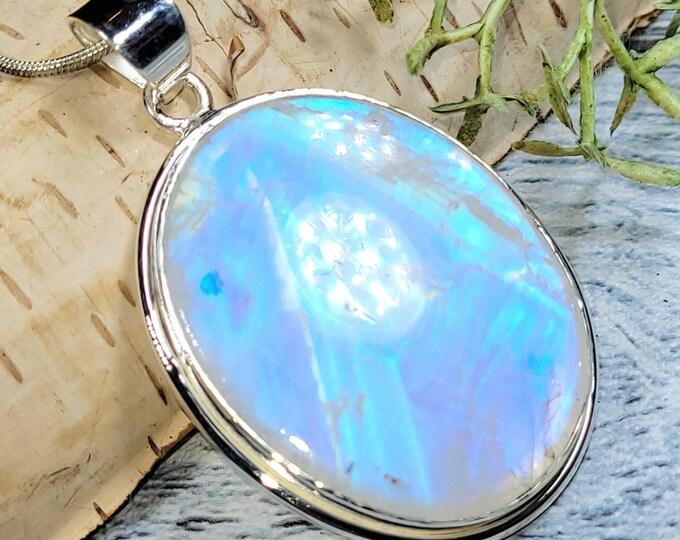 Moonstone Pendant, Rainbow Moonstone Oval Cabochon Sterling Silver Pendant, Multi Color Flash, Gift for Her, Handmade Pendant, JB15