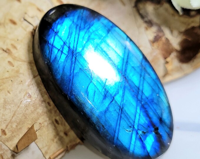 Natural Premium Blue Flash Labradorite Oval Cabochon 50ct 35mm x 19mm Wire Wrapping, Weaving, Pendant, Collector LF05