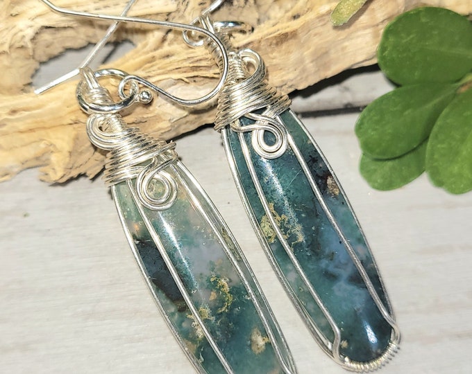 Moss Agate Earrings, Moss Agate Wire Wrapped Earrings, Sterling Silver Wire Wrapped Earrings, Green Moss Agate Wire Wrap Earrings GE10