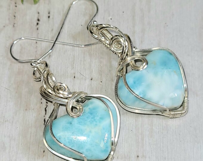 Larimar Earrings, Larimar Wire Wrapped Sterling Silver Earrings, Heart Larimar Sterling Silver Earrings, Statement Earrings, HC30
