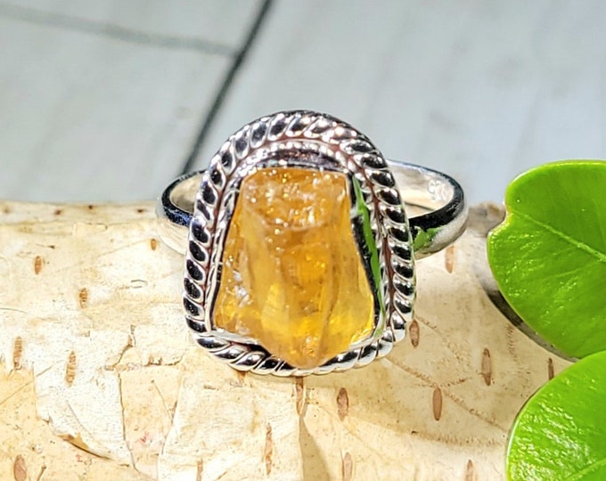 Natural Golden Orange Raw Rough Cut Citrine Handmade .925 Sterling Silver Ring Size 6.5 4 Grams 5/8" x 1/2" CB17