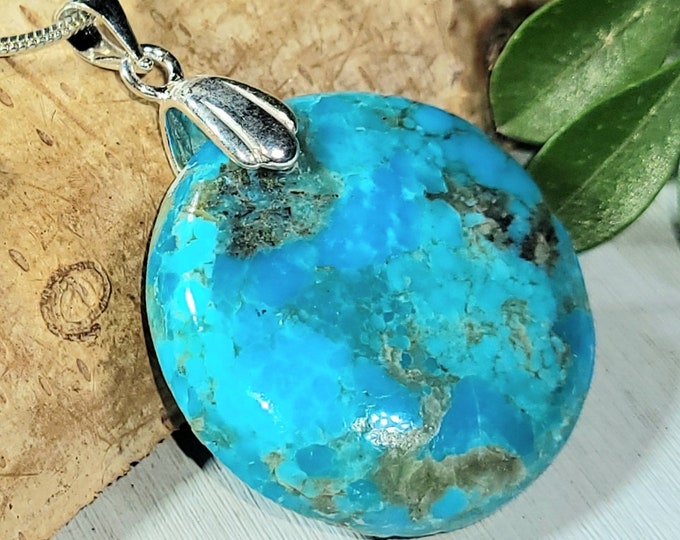 Natural Best Grade Arizona Kingman Turquoise Round Cabochon .925 Sterling Silver Pendant Rhodium Solid Sterling Silver Bail Gift for Her