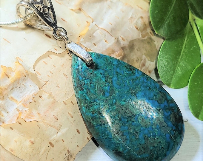 Natural Top Quality Chrysocolla Pear Cabochon .925 Sterling Silver Pendant N20 2 1/4" x 1" Heavy Duty Designer Sterling Silver Bail